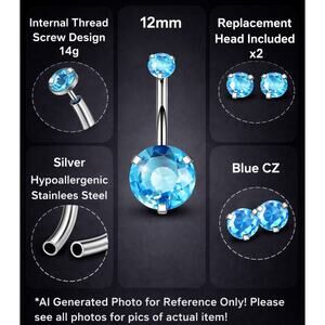 12mm Blue CZ Stainless Steel Curved Barbell Belly Button Ring 14g + Extra Head